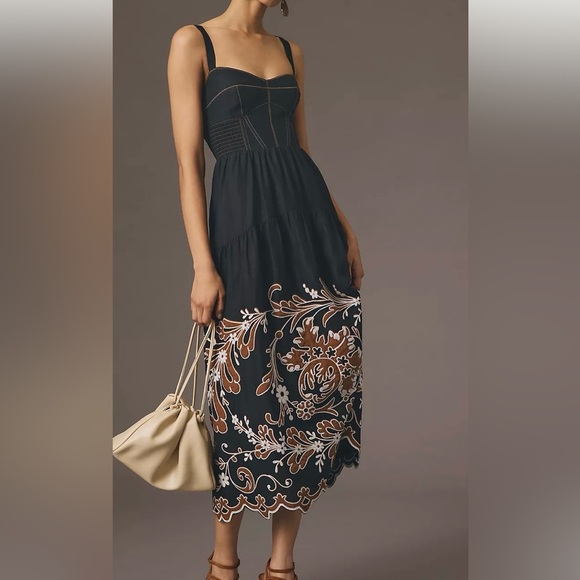 Anthropologie Dresses & Skirts - Anthropologie Black Midi Dress with Brown Floral Border